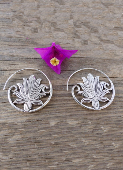 Silver Lotas flower spiral hoop earrings