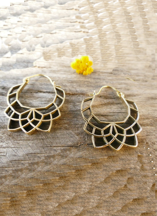 Brass Geometric lotus flower hoop earrings