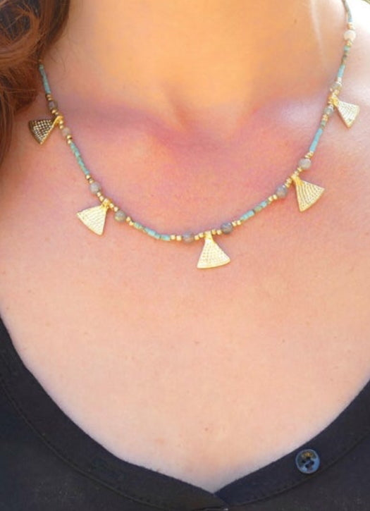 Brass, crystal and stone short necklace