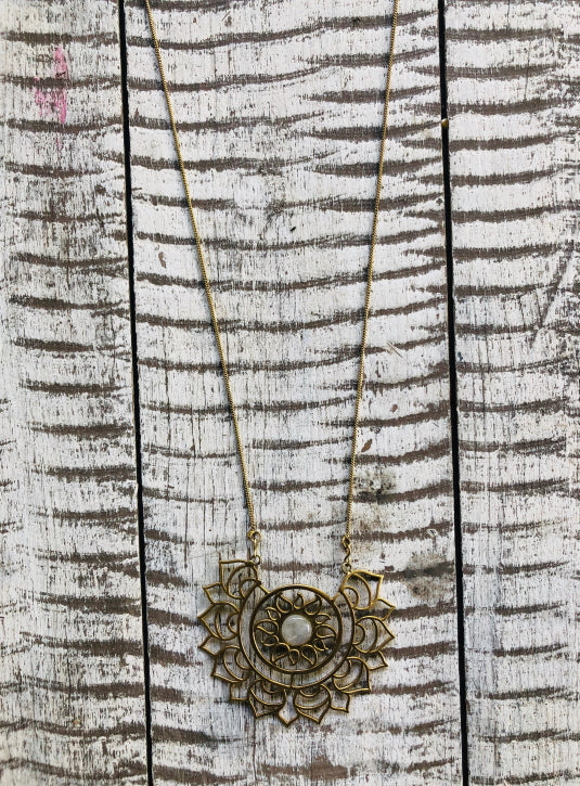 Lotus Detail Long Necklace with moonstone
