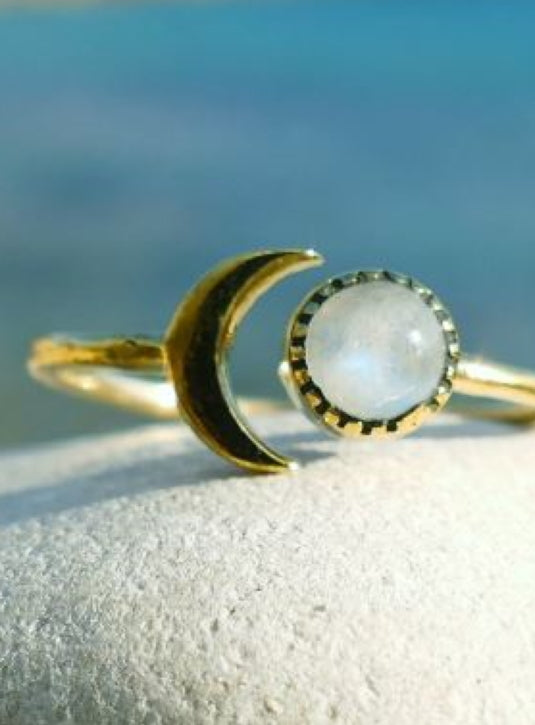 Delicate Sun & moon Brass ring with moonstone setting