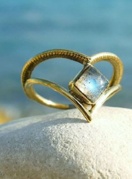 Delicate Brass wishbone ring with Moonstone setting