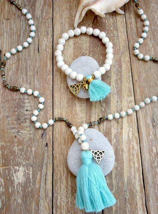 White Beads Necklace & Bracelet set with Trinity Symbol